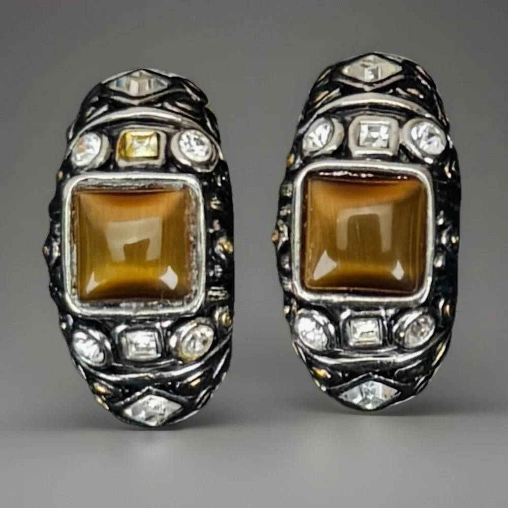 Vintage weighted, Silvertone, goldtone, bling half hoop pierced earrings